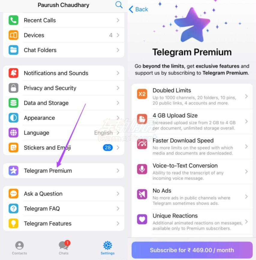 点击选项列表中的“Telegram Premium”按钮，接着点击底部的订阅按钮，Telegram Premium 飞机会员代充，telegram电报会员代开通，Telegram Premium 如何订阅