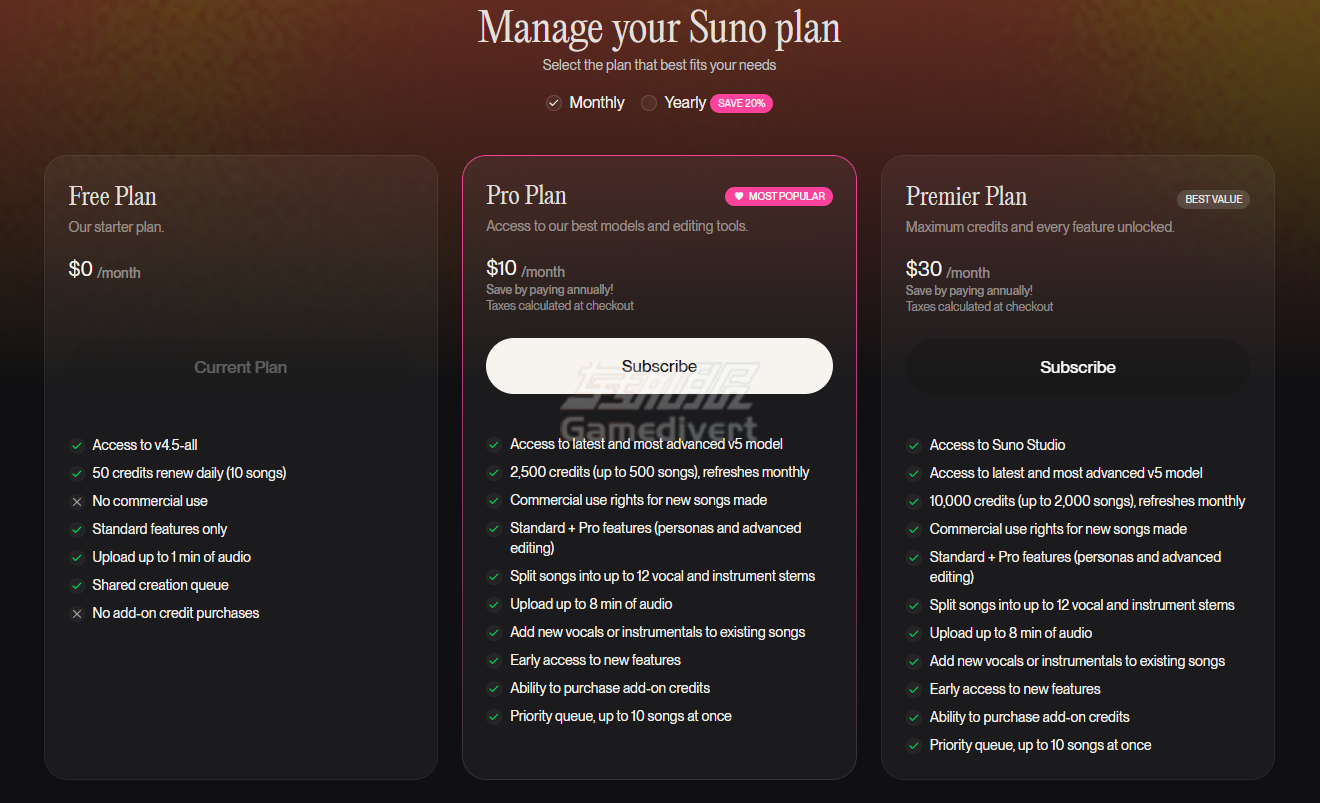 选择合适的订阅计划 Suno AI, Suno AI官网, Suno AI注册教程, Suno AI充值, Suno AI订阅, Suno AI会员代充, Suno AI支付失败解决, AI音乐生成器, AI作曲工具, Suno AI中文教程, Suno AI版权, AI写歌, Suno AI Pro会员, AI音频制作, Suno积分充值, Suno代订阅服务